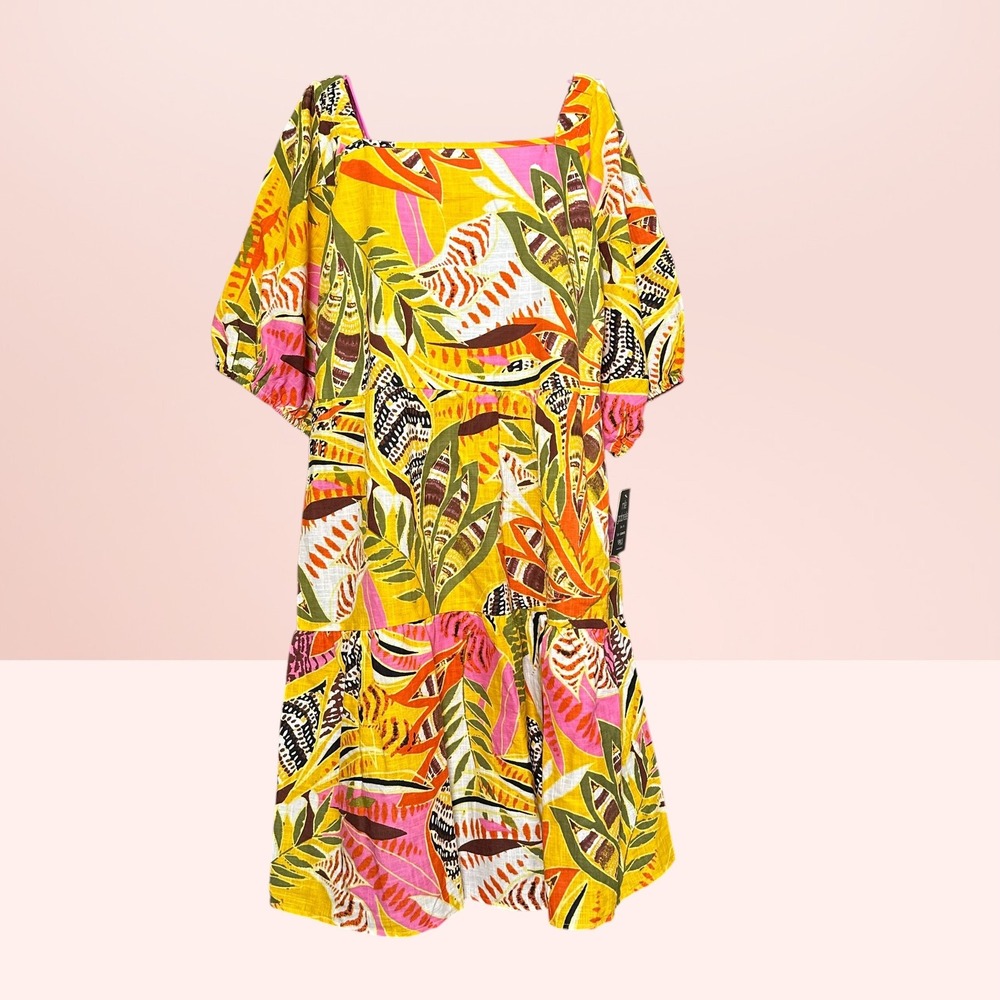 Mlle Gabrielle Tropical Leaf Tiered Mini Dress Boho Summer 1X Resortwear NEW